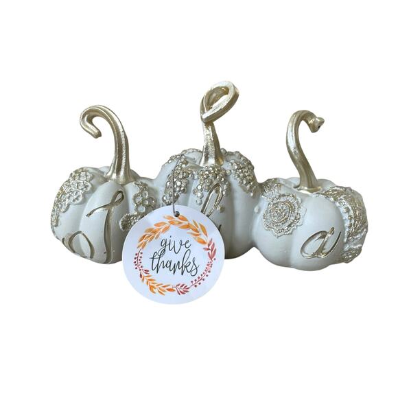 Give Thanks THANKFUL Pumpkins 17.5in Resin White & Gold Fall Designer Decor NEW - Picture 3 of 15